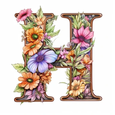Beautiful Pastel Vintage Flower Alphabet Letter  H  Watercolor and ink Clipart, Cartoon, hyper-realistic, high contrast, intricate detail, illustration style, high solution on the white background