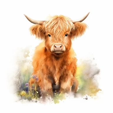 Create a delightful watercolor clipart of a Highland cow sitting down, in a close-up view that highlights its cuteness and innocent nature, using ultra HD image quality to bring out the details and create an artwork that captures the viewer's heart.