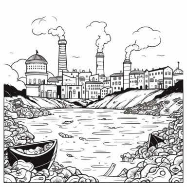 water pollution trash, simple line art, clipart style, plain white background, science theme coloring page, 1 Bit