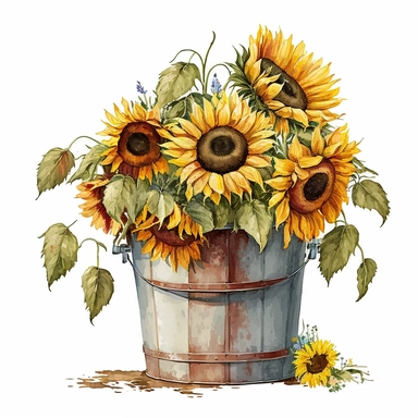 wide bucket full of sunflowers, clipart, watercolor, white background