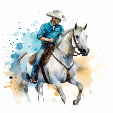 watercolor, a white horse wearing an akubra hat next to its rider, bright blue hues sky, clipart, hd, isolated on white background, spaced out