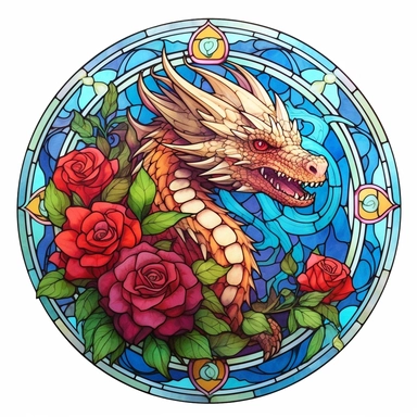 clipart on white background, stained glass dragon and flowers, i cant believe how beautiful this is, fantasycore, dragoncore, mysticalcore