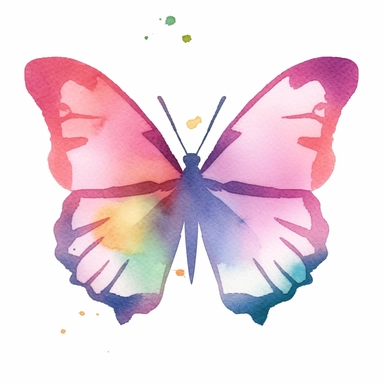 Watercolor Butterfly clipart, flat style, no volume, few details, washed out, minimalistic style, very lose details, very light colors, transparent colors, light airy hues and pastel tones, spaced out, white background, washed out colors and paint, hand - painted watercolor, watercolor spray, watercolor splash, splatters and paint smudges on top of Butterflie, watercolor paper with visible rough paper texture, a variety of watercolor brushes, do not cross workspace borders, rough watercolor pape