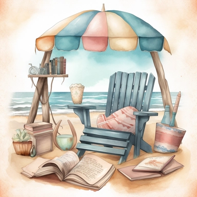 Beach Reading Nook clipart, Coastal Reading Corner, Beach Boho, watercolour style, by the beach