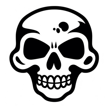 black and white silhouette of a friendly cartoon skull, clipart style, white background, thick lines, vector, simple design, flat colour, solid colour