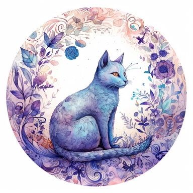 watercolor, hyper realistic, white background, white margins, 16k, ultra detailed clipart, cut out image, hand-drawn, whimsical cat sitting in the center of a circle of doodles in shades of purple and blue, with flowers, hearts, and swirls interspersed among the patterns.