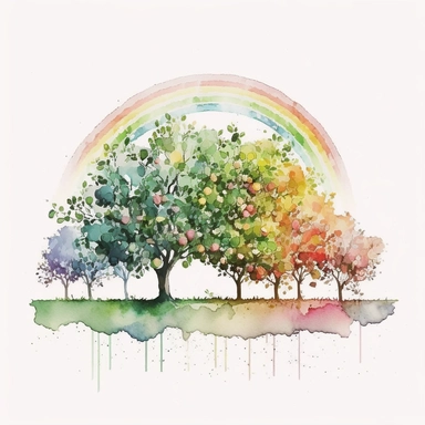 a field of apple trees, watercolor painting, clip art, rainbow, white background.