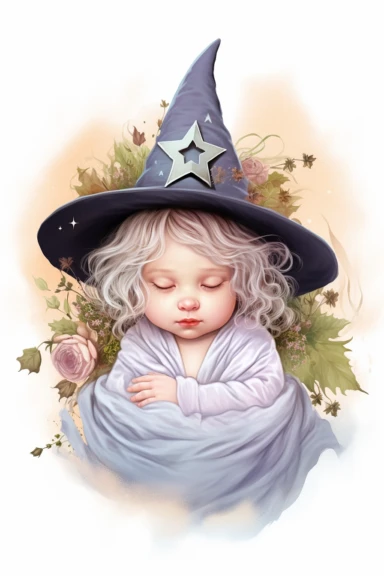 clipart, realistic newborn witch, pastel colors, vintage style