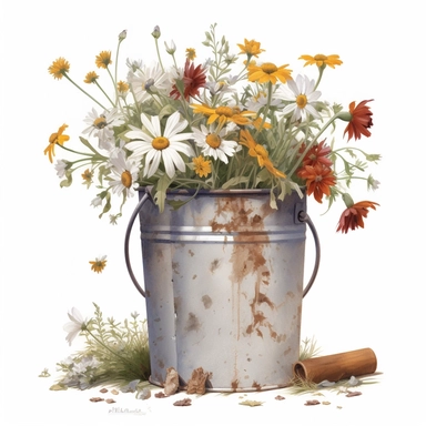 202972 watercolor for a clipart with a white background of wildflowers growing in a rusty metal bucket, hyperrealism, painted by Bo Bartlett