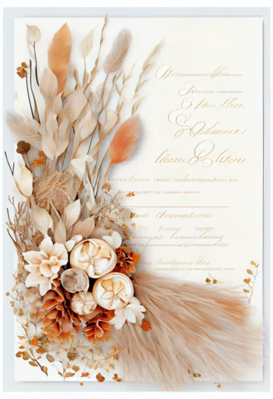 beautiful, intricate, sharp focus, light orange, tan, and brown fall colors, boho wedding invitation with white fluffy bunny tail flowers, dried grasses, dried leaves, dried flowers, show entire invitation, no border, clipart, on white background, flat lay, extreme detail, wedding invitation,