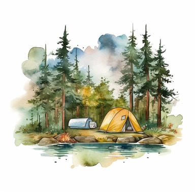 camping scene in forest watercolor style clipart on white background with margins