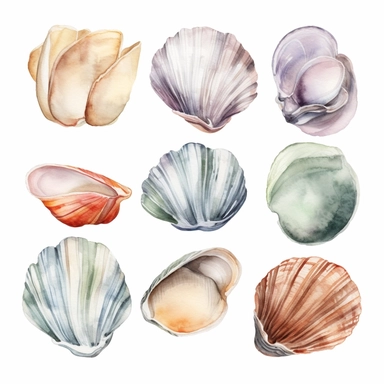 watercolour illustration style of different steamer clam shells isolated on white background for clipart, 8k