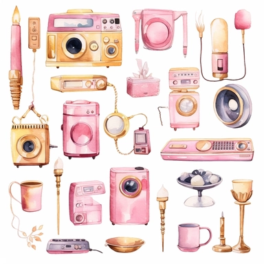 handpaint, gadget clipart,devices icon set, isolated white background, single design, sharp, bold , sweet pink, cream pastel, gold, hand-painted watercolor