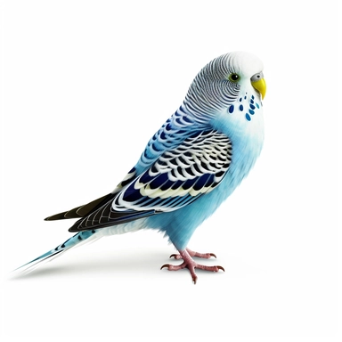 realistic detailed blue budgie, clipart, white background, no caption, no text