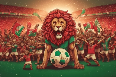 lion atlas, national football team celebrating, cartoon, world cup 2030, clipart, background of stadium full of supporters, red and green, moroccan flag, detailed, ultra HD, charismatic, passion, one lion holding a ball, many lions behind him celebrating ,fierce,