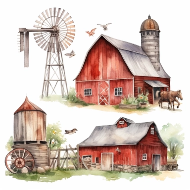 Watercolor Barns Clipart. Farm Style. Red Barn House, Horse, Tractor, Windmill, Wood Gate Illustrations. Wedding Invitation DIY white background