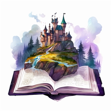 a big opened Fantasy Book Laying there with a heroic mystically themed scenery immerging out of the pages. The Scenery is featuring the neuschwahnstein castle, in a magical wizzard and witch world. It is drawn in a mesmerizing clear lined simple watercolor illustration style by Valentina Verlato using bold and saturated colors. It is a png clipart on a white background, it should be easy to cutout and remove the background from, so only use saturated colors around the edges of the clipart. The c