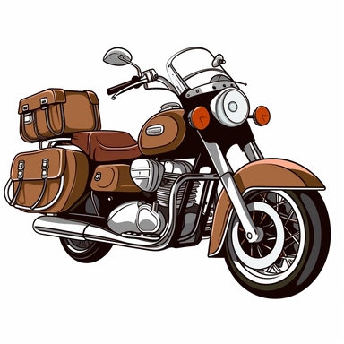 a Brown colour Touring motorcycle cartoon clipart on a white background, caricature-like, two-dimensional