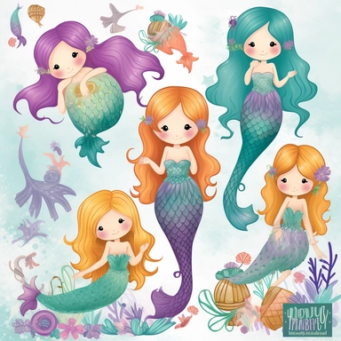 enchanting Cartoon Magical Mermaid Clipart! Dive into a world of whimsy and wonder with these detailed and adorable mermaid illustrations. Each mermaid is meticulously designed with charming features, vibrant colors, and intricate details that will captivate both children and adults alike. With a white background, these clipart images are versatile these cute and lovable mermaids are sure to make a splash! Let your imagination swim free with our delightful mermaid clipart