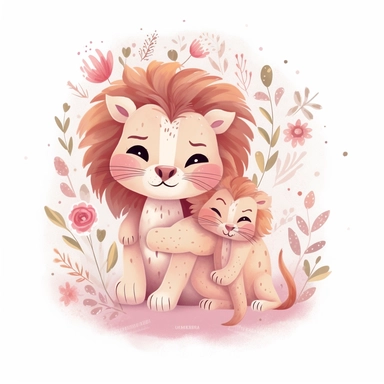 cute pink floral illustration, realistic adorable one baby cute lion hugging his cute mom, happy clipart, nursery style clipart, nursery animal art, kids wall art, baby room decor, isolated on white, ultra - detailed, high quality, ghibli style, award winning