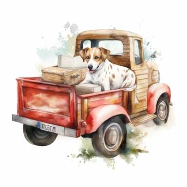 watercolor old farm truck with happy dog in bed, clipart, white background