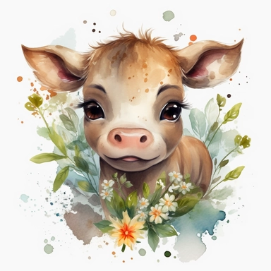 a moving baby taurus with cute big eyes, happy smiling face, cute animal, adorable, playful atitude, astrology, adorable watercolor animal clipart with a few plant and flowers decor, no background, high quality very sharp with clear focus
