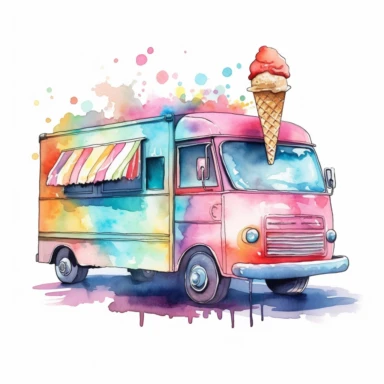 ice cream truck watercolor clipart, white background