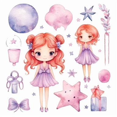 cute kawaii prom, school prom , watercolor white background clipart set single elements with margin