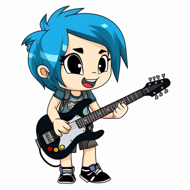punk rock girl, blue hair, playing guitar, 2D Clipart Cartoon