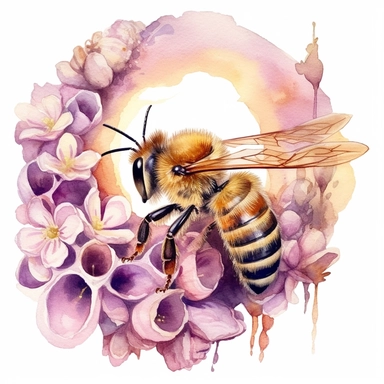 clipart, isolated on white background, beautiful cute Watercolor Spring honeybee into the beehive, ornated, pastel colors