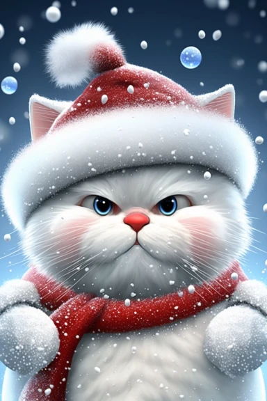 no text, winter wonderland background with snow and snowflakes, 3d whole body clipart of a smiling, friendly cat, wearing a santa clause hat, christmas vibes, cartoon network style, friendly face, head unproportionally bigger than body, detailed body shape, front shot, insanely big shiny eyes, caricatured face, insanely glossy, plastic like fur and skin, unrealistic, 8k photography, cinematic, super cute face, Photography, Ultra-Wide Angle, Depth of Field, hyper-detailed, beautifully color-coded
