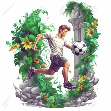 white background, football player with ball on foot, closeup, sticker, artwork of t shirt graphic of majestic forest, in digital painting style , beautiful flowers, sunset mountains and clouds , big vines, stone temple covered in vines , plants surround, highly detailed clean, vector image, photorealistic masterpiece, professional photography, realistic, flat white background, isometric, vibrant vector, clipart, illustration, realism, 4k, , cinematic, front view, paradise, extremely white backgr