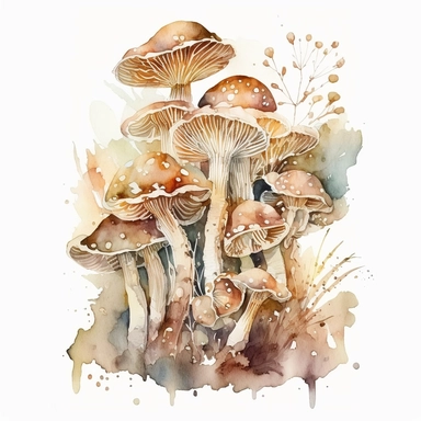 watercolor, a bunch of thin loong mashrooms in pastel beige color, a lot of details, good quality illustration, clipart, white background