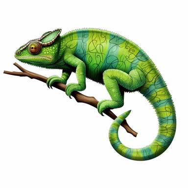 bright green chameleon, clipart, detailed, curled tail, on a branch, clean lines, vibrant, white background