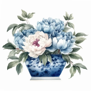 detailed watercolor rectangular a bunch of blue peony in wide low ceramic vase, realistic, clipart