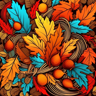 a vibrant scalable vector clipart composition showcasing a collection of colorful fall leaves, intertwined with acorns, capturing the essence of autumn's beauty.