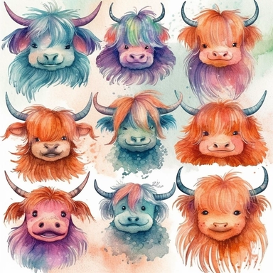 Watercolor Funny Highland Cow Illustration Bundle, Digital JPG Files, Digital Paper, Scrapbooking, Nursery Wall Art, Printable Home Decor, Clipart