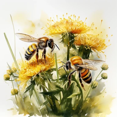 green grass tuft bees dandelions, in the style of photo realistic and hyper-detailed watercolor, sketchfab, ahmed morsi, realistic watercolor, use of common materials, handcrafted designs, negative space around object clipart with white background