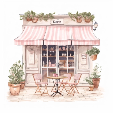 commercial shot of realistic french boho parisian pink pastel cozy cafe with open doors cute elegant tables and parasol and plants in front clipart, french cafe, high quality, intricate design, clipart witchcore dreamcore cottagecore white background no text, isolated on white, ghibli style,