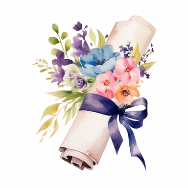 graduation scroll with spring florals, watercolor, white background clipart
