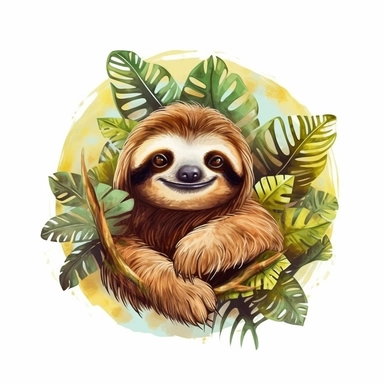 watercolor clipart, white background, charming cute and adorable perfect sloth hanging from a tree branch, perfect for stickers, perfect for print on demand, Sticker