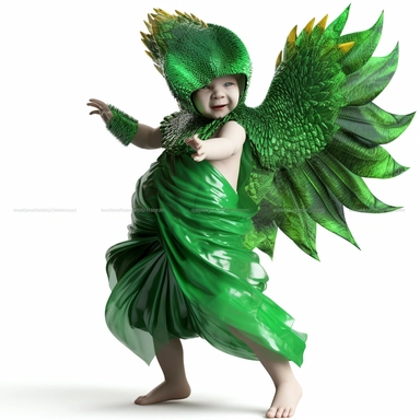 green baby girl Godzilla, looks like an alien, doing high step dance moves, wearing a designer dress made from Phoenix feathers , ultra high fashion, wearing ruby neck scarf, techno lighting, disney cuteness, plain white background, cutout clipart