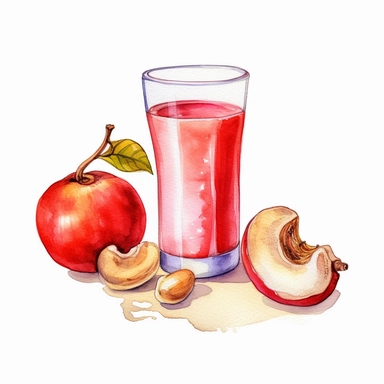An endearing watercolor Cashew Apple clipart of Cashew Apple juice present with glass 300DPI