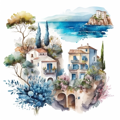 beautiful watercolor clipart of a Mediterranean scene with white village houses and the seascape, warm summer blue and white hues, compositions on an isolated white background. Bright landscapes illustrations, highly detailed