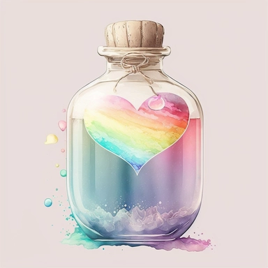 rainbow dream illusion pastel color water white background clear old rustic Heart Bottle classic potion Valentine's Day Clipart vintage watercolorrgb