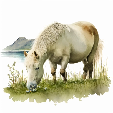 fjord horse eating grass on a field, watercolour, clipart