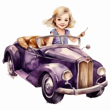 adorable cute vintage little girl in driving in cute purple cabriolet, clipart style, watercolor technique, no background, super cute, high quality clipart