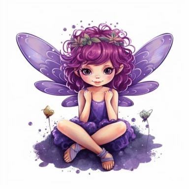 a picture of a purple, glittery fairy with wings sitting and happy knowing her friends love her for clipart on a white background