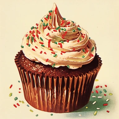 vintage Christmas chocolate cupcake clipart, with chocolate frosting, sprinkles, candy, m’n’ms, 1940s , chromolithograph, on a cream colored background