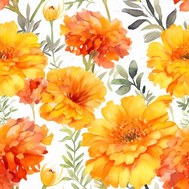 clipart, separate design, watercolor, A cheerful and bright yellow and orange marigolds, adding a touch of energy and warmth to a summer wedding in Arizona.